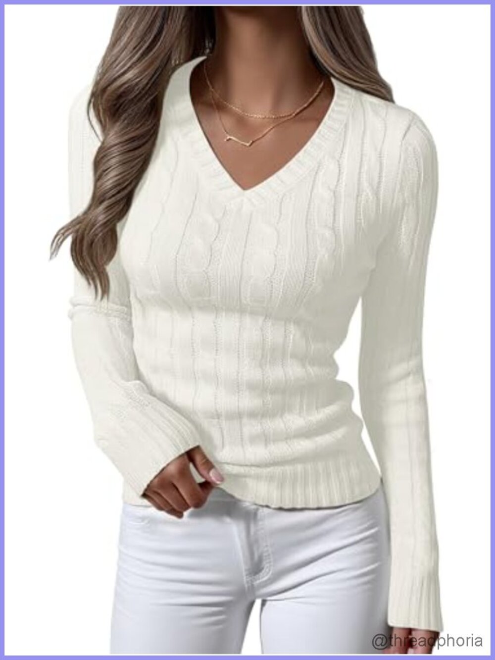 Women's Cable Knit V Neck Pullover Sweater Slim Fit Long Sleeve Fall Top